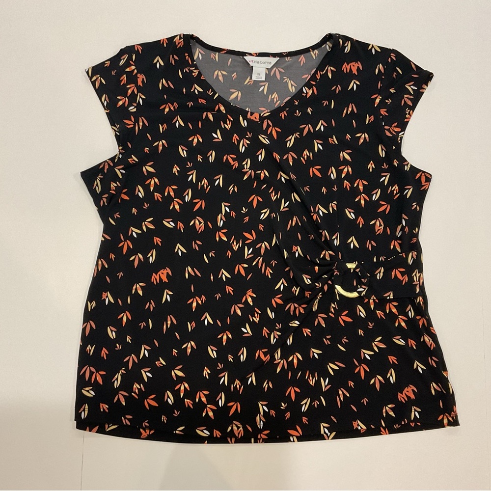 Liz Claiborne Black + Orange Floral Tie‑Waist Blouse | EUC | XL